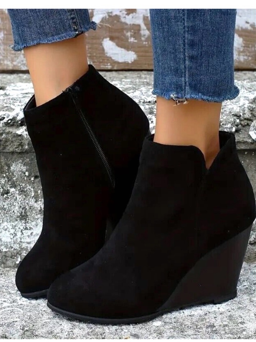 Women's Black Suede Wedge Ankle Boots with Side Zip